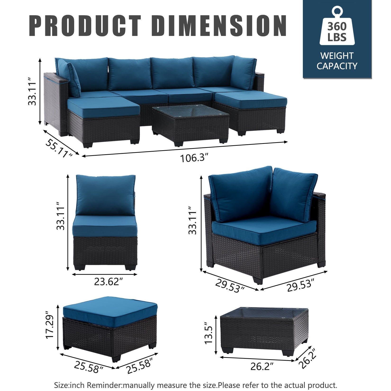 7 Pieces Outdoor Patio Furniture Set,Sectional Conversation Sofa Of Corner Chairs,Ottomans And Glass Top Table,All Weather Pe Rattan And Steel Frame With Removable Cushions Coffee Peacock Blue Yes Peacock Blue Pe Rattan Iron Waterproof Fabric