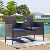 Outdoor Patio Loveseat Set,All Weather Pe Rattan And Steel Frame Conversation Furniture With Built In Coffee Table,Tempered Glass Top And Removable Cushions For Garden Lawn Backyard Brown Blue Yes Brown Blue Seats 2 Pe Rattan Iron Waterproof Fabric