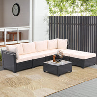 7 Pieces Outdoor Patio Furniture Set,Sectional Conversation Sofa Consisted Of Corner Chairs,Ottomans And Glass Top Table,All Weather Pe Rattan And Steel Frame With Removable Cushions Coffee Beige Yes Dark Coffee Beige Pe Rattan Iron Waterproof Fabric