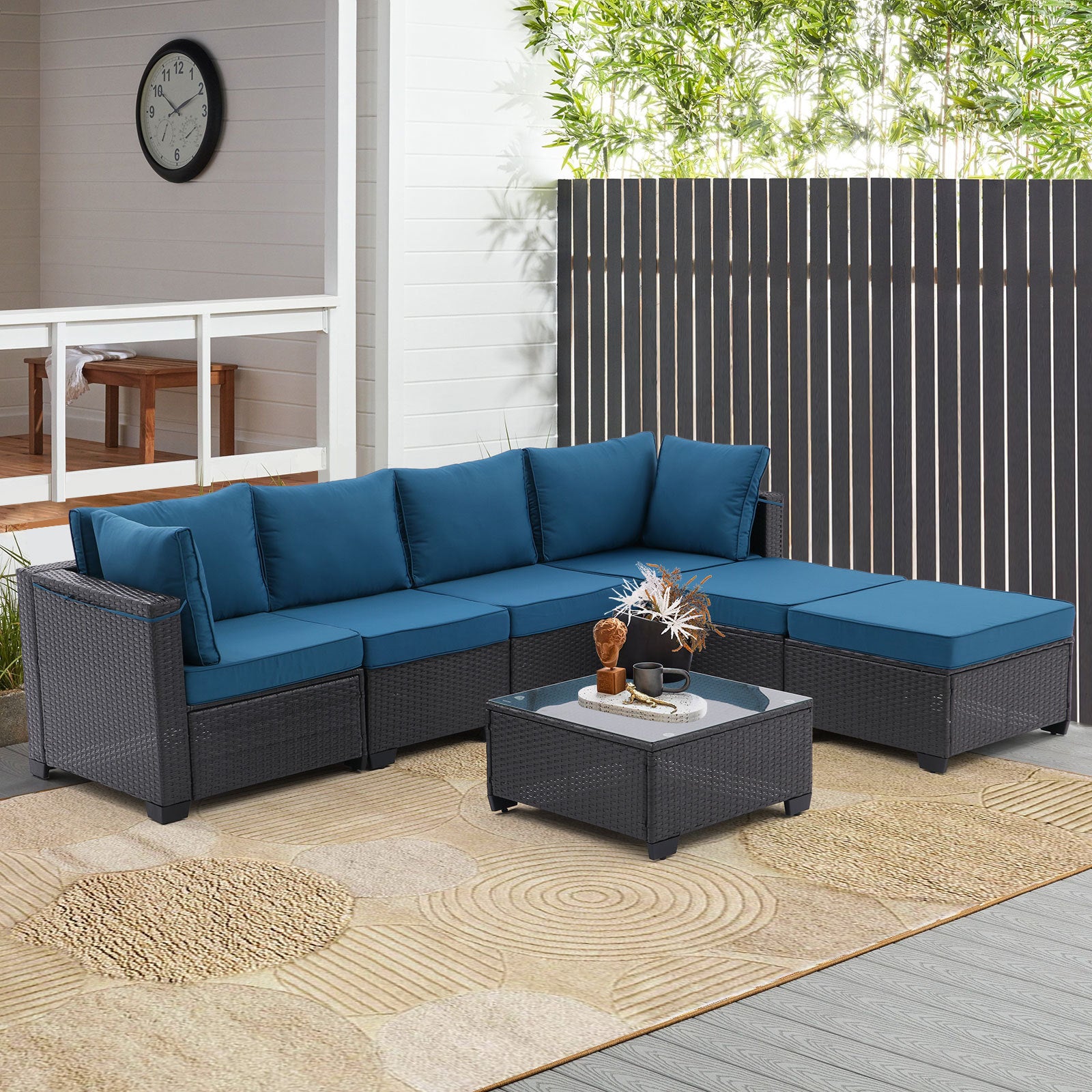 7 Pieces Outdoor Patio Furniture Set,Sectional Conversation Sofa Of Corner Chairs,Ottomans And Glass Top Table,All Weather Pe Rattan And Steel Frame With Removable Cushions Coffee Peacock Blue Yes Peacock Blue Pe Rattan Iron Waterproof Fabric