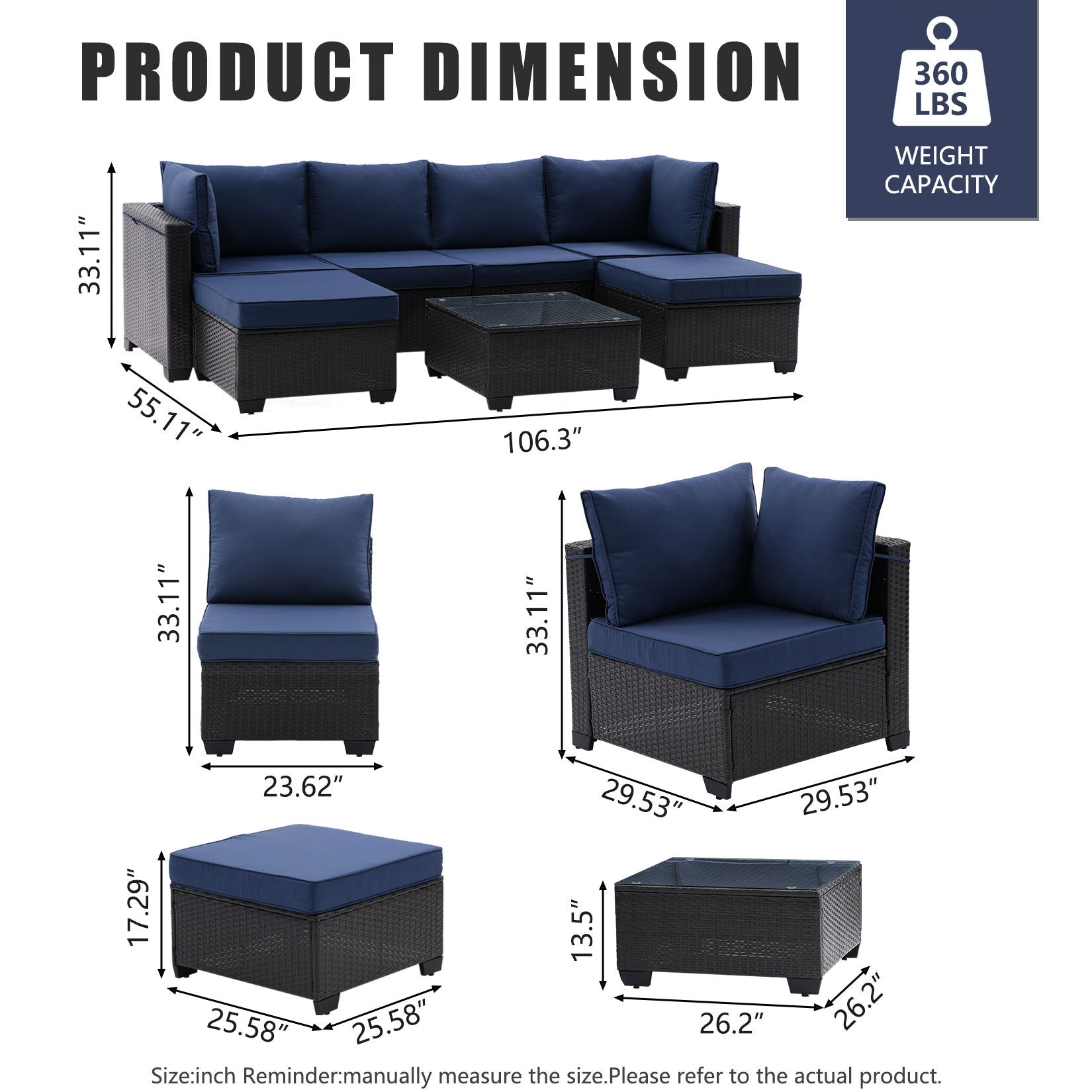 7 Pieces Outdoor Patio Furniture Set,Sectional Conversation Sofa Consisted Of Corner Chairs,Ottomans And Glass Top Table,All Weather Pe Rattan And Steel Frame With Removable Cushions Coffee Blue Yes Dark Coffee Blue Pe Rattan Iron Waterproof Fabric