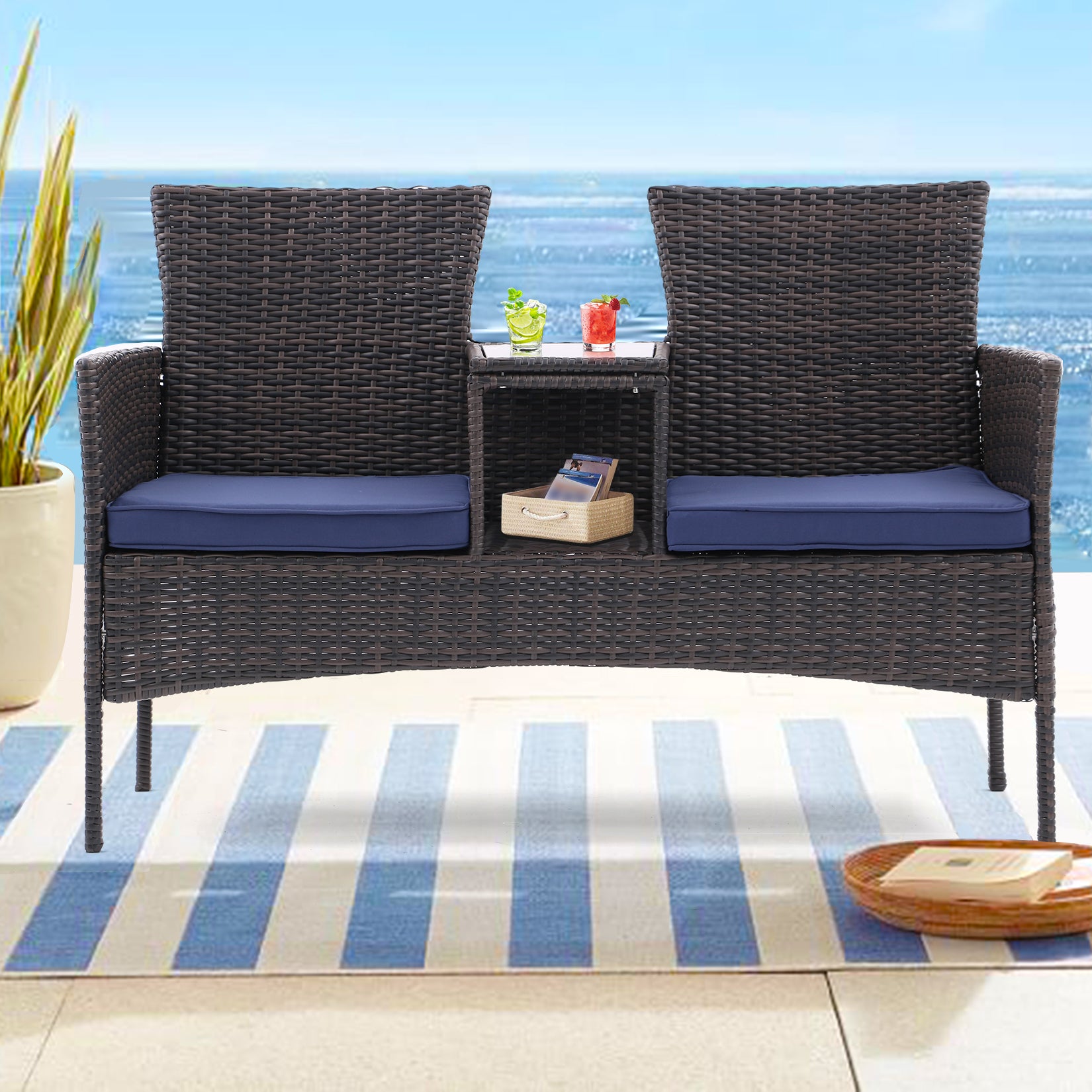 Outdoor Patio Loveseat Set,All Weather Pe Rattan And Steel Frame Conversation Furniture With Built In Coffee Table,Tempered Glass Top And Removable Cushions For Garden Lawn Backyard Brown Blue Yes Brown Blue Seats 2 Pe Rattan Iron Waterproof Fabric