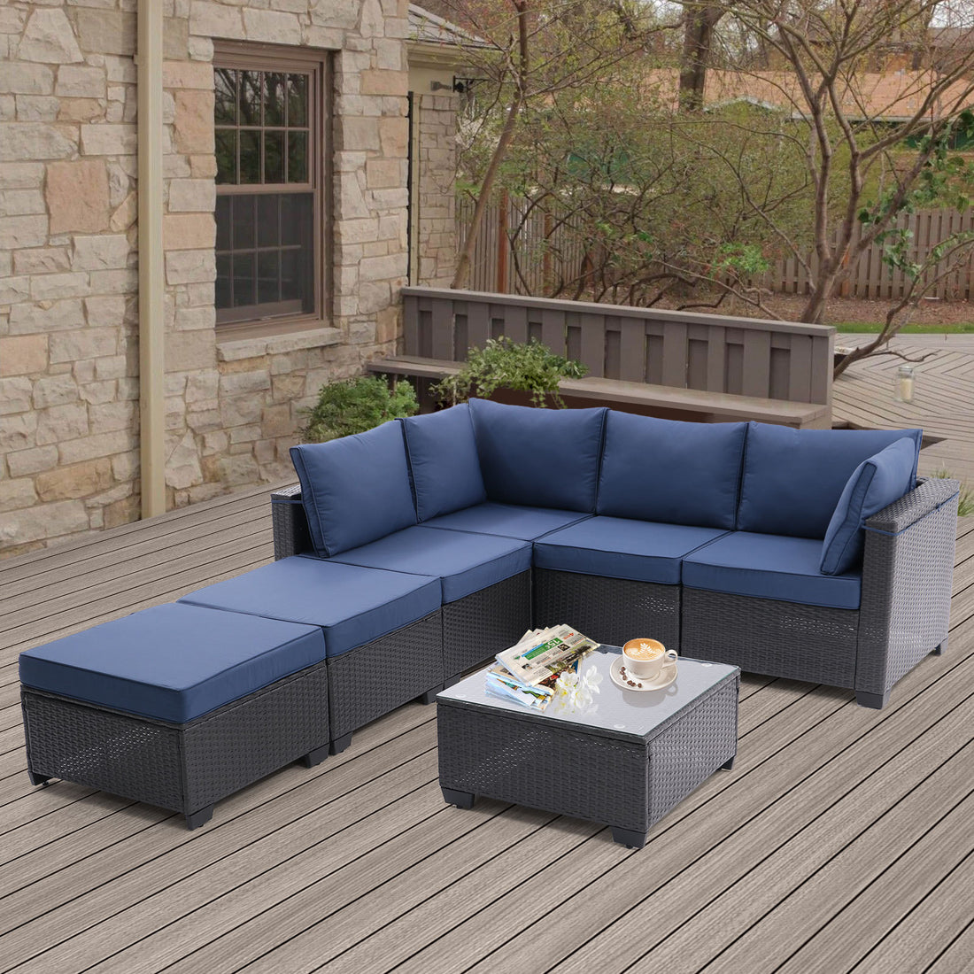 7 Pieces Outdoor Patio Furniture Set,Sectional Conversation Sofa Consisted Of Corner Chairs,Ottomans And Glass Top Table,All Weather Pe Rattan And Steel Frame With Removable Cushions Coffee Blue Yes Dark Coffee Blue Pe Rattan Iron Waterproof Fabric