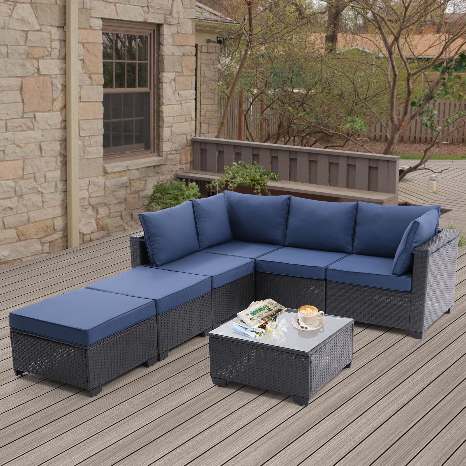 7 Pieces Outdoor Patio Furniture Set,Sectional Conversation Sofa Consisted Of Corner Chairs,Ottomans And Glass Top Table,All Weather Pe Rattan And Steel Frame With Removable Cushions Coffee Blue Yes Dark Coffee Blue Pe Rattan Iron Waterproof Fabric