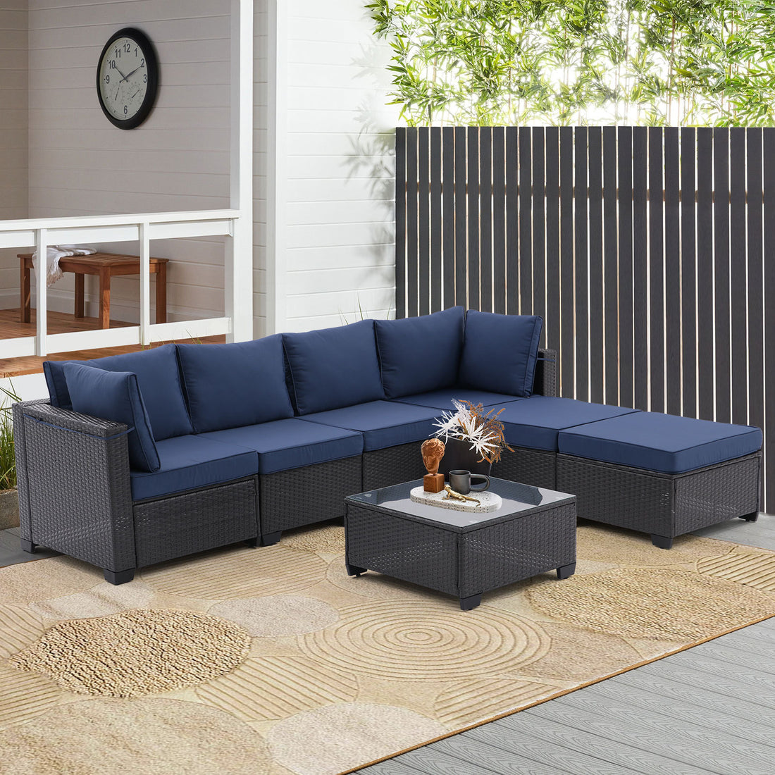 7 Pieces Outdoor Patio Furniture Set,Sectional Conversation Sofa Consisted Of Corner Chairs,Ottomans And Glass Top Table,All Weather Pe Rattan And Steel Frame With Removable Cushions Coffee Blue Yes Dark Coffee Blue Pe Rattan Iron Waterproof Fabric