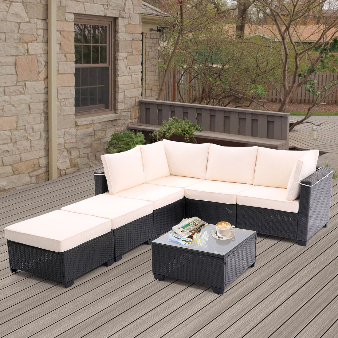 7 Pieces Outdoor Patio Furniture Set,Sectional Conversation Sofa Consisted Of Corner Chairs,Ottomans And Glass Top Table,All Weather Pe Rattan And Steel Frame With Removable Cushions Coffee Beige Yes Dark Coffee Beige Pe Rattan Iron Waterproof Fabric