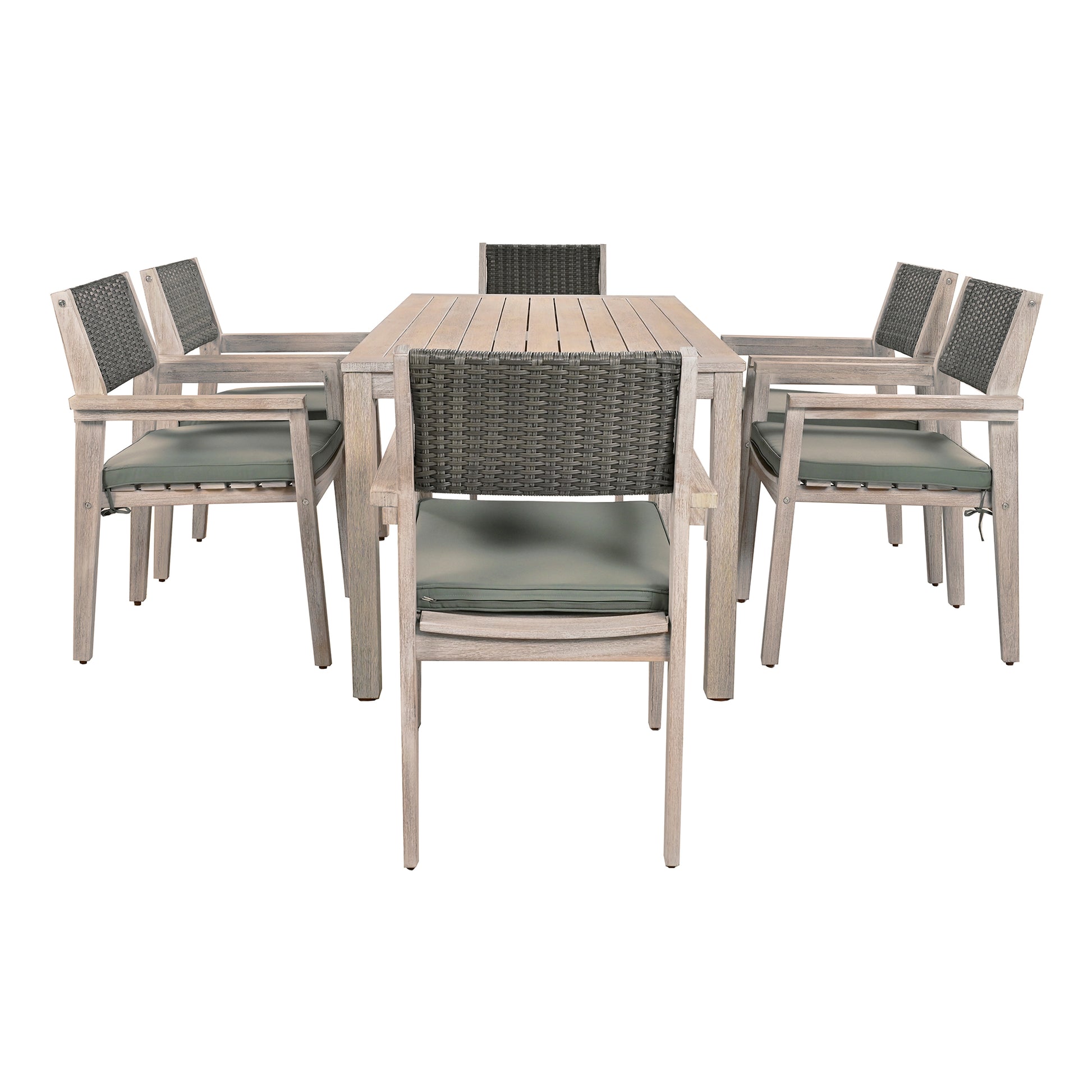 Outdoor Dining Set Patio Dining Table And Chairs With Rattan Backrest And Removable Cushions For Patio And Backyard, White Washed Yes White Washed Water Resistant Frame Water Resistant Cushion Garden & Outdoor Sectional Seating Groups Foam Acacia Wood