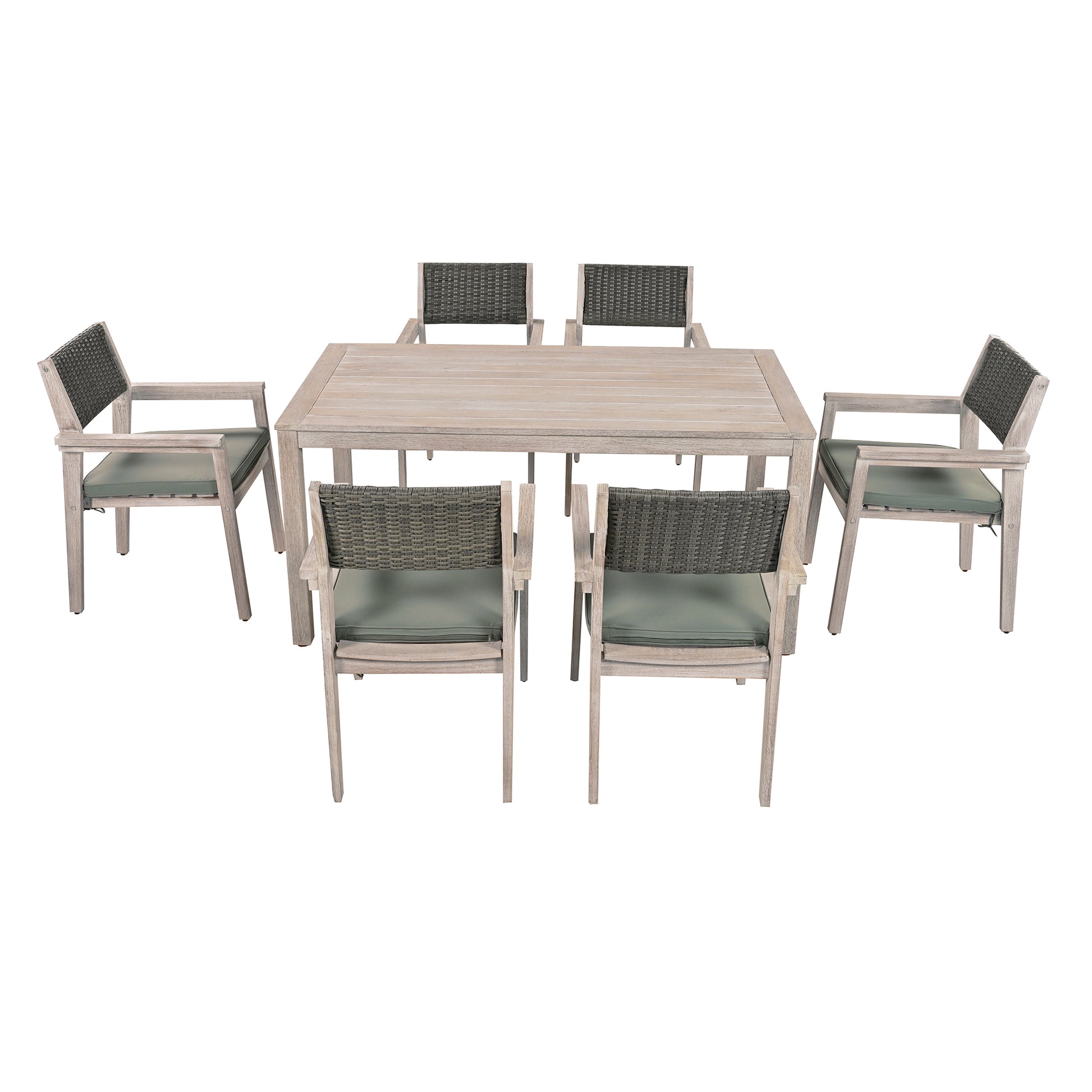 Outdoor Dining Set Patio Dining Table And Chairs With Rattan Backrest And Removable Cushions For Patio And Backyard, White Washed Yes White Washed Water Resistant Frame Water Resistant Cushion Garden & Outdoor Sectional Seating Groups Foam Acacia Wood