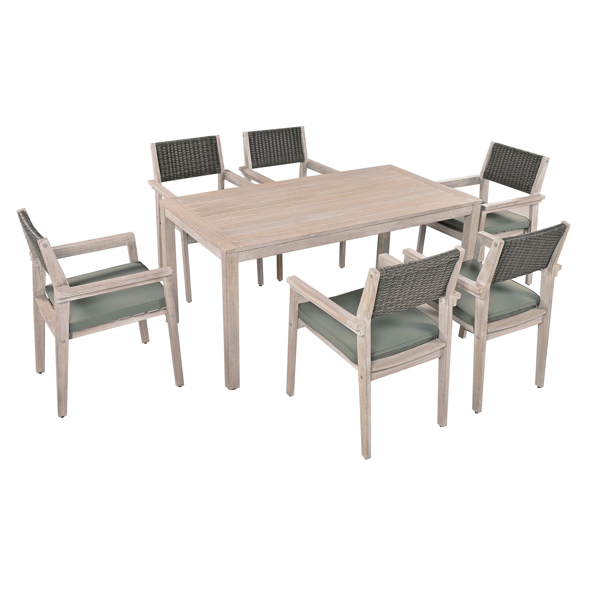 Outdoor Dining Set Patio Dining Table And Chairs With Rattan Backrest And Removable Cushions For Patio And Backyard, White Washed Yes White Washed Water Resistant Frame Water Resistant Cushion Garden & Outdoor Sectional Seating Groups Foam Acacia Wood