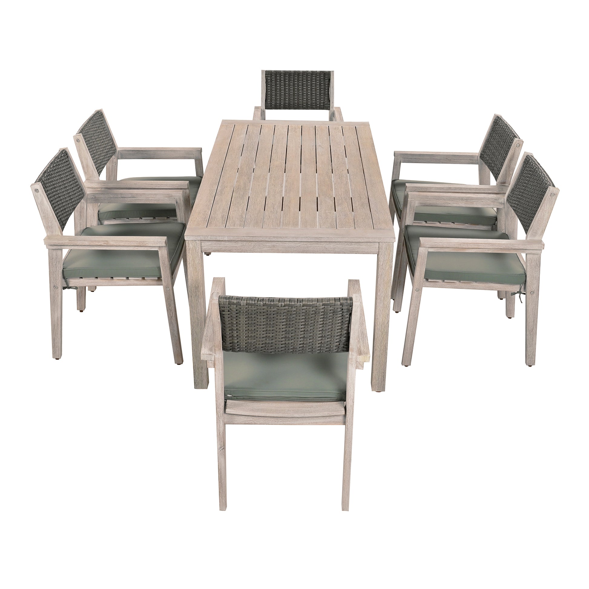 Outdoor Dining Set Patio Dining Table And Chairs With Rattan Backrest And Removable Cushions For Patio And Backyard, White Washed Yes White Washed Water Resistant Frame Water Resistant Cushion Garden & Outdoor Sectional Seating Groups Foam Acacia Wood