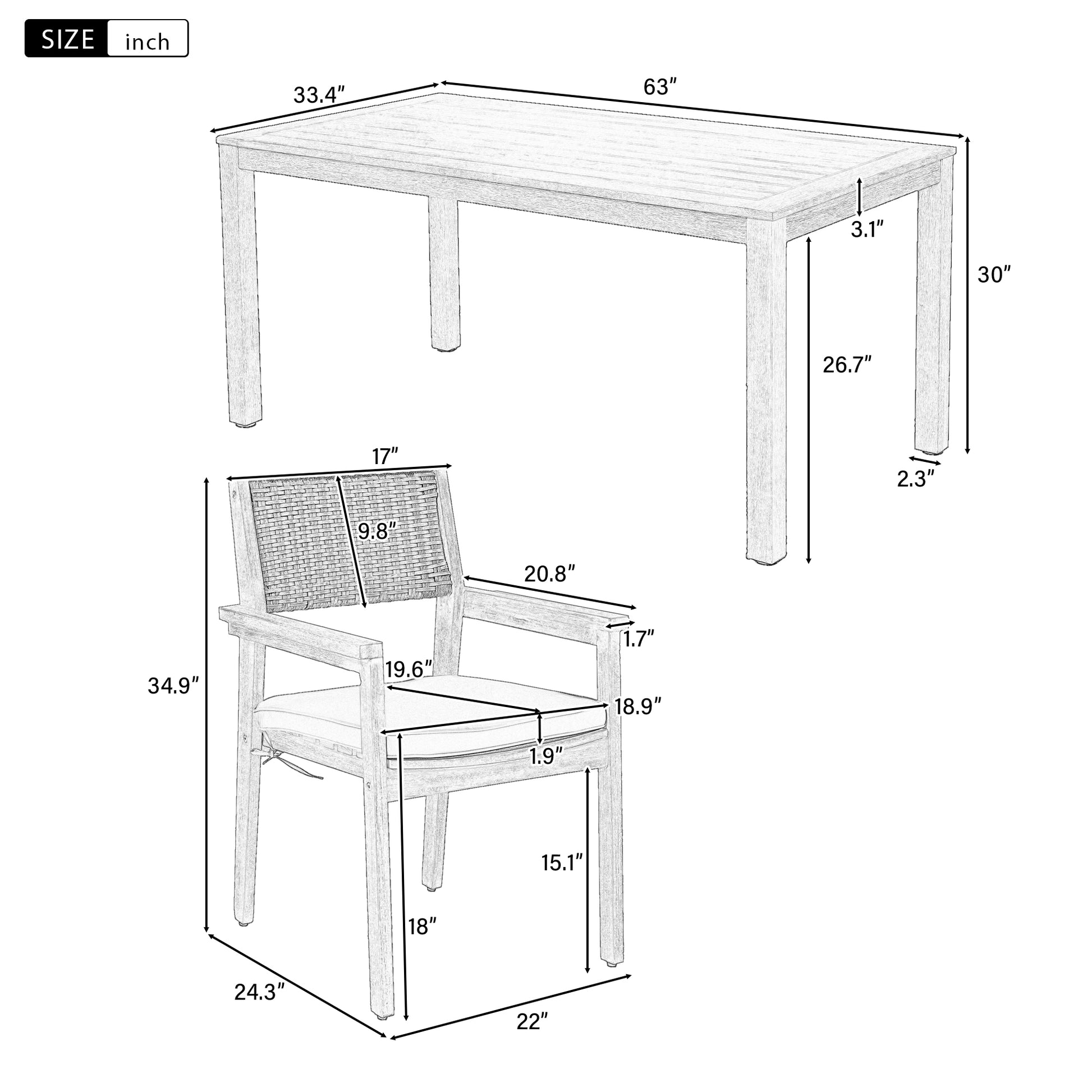 Outdoor Dining Set Patio Dining Table And Chairs With Rattan Backrest And Removable Cushions For Patio And Backyard, White Washed Yes White Washed Water Resistant Frame Water Resistant Cushion Garden & Outdoor Sectional Seating Groups Foam Acacia Wood