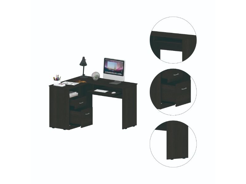 Idra L Shaped Desk, Keyboard Tray, Two Drawers, One Open Shelf, Black Black Particle Board Particle Board