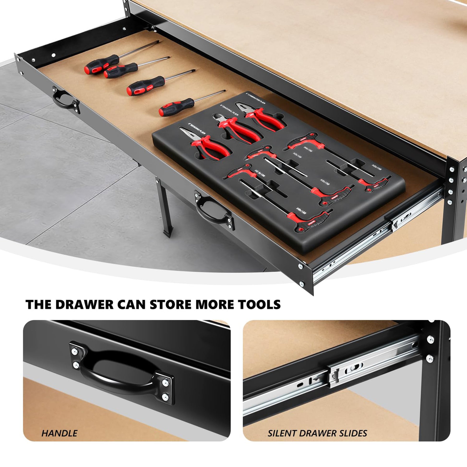 63" Tools Cabinet Working Tables Workbench Tool Storage Workshop Table With Drawers And Pegboard Black Steel