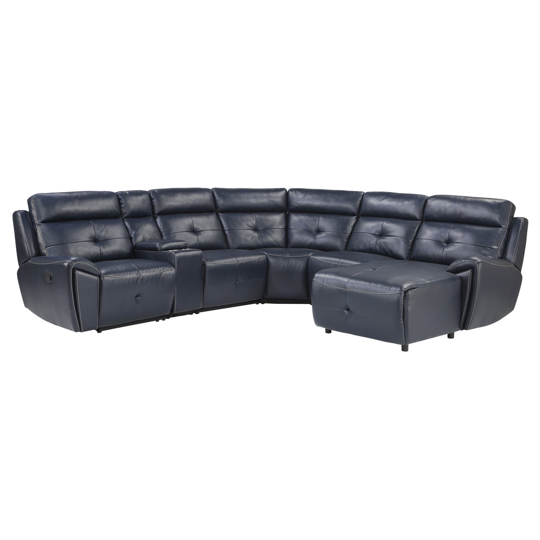 6 Piece Modular Reclining Sectional With Right Chaise Navy Blue Premium Faux Leather Tufted Details Solid Wood Modern Living Room Furniture Plush Pillow Back Seating Navy Faux Leather Wood Primary Living Space Pillow Back Modern Solid Wood 5 Seat