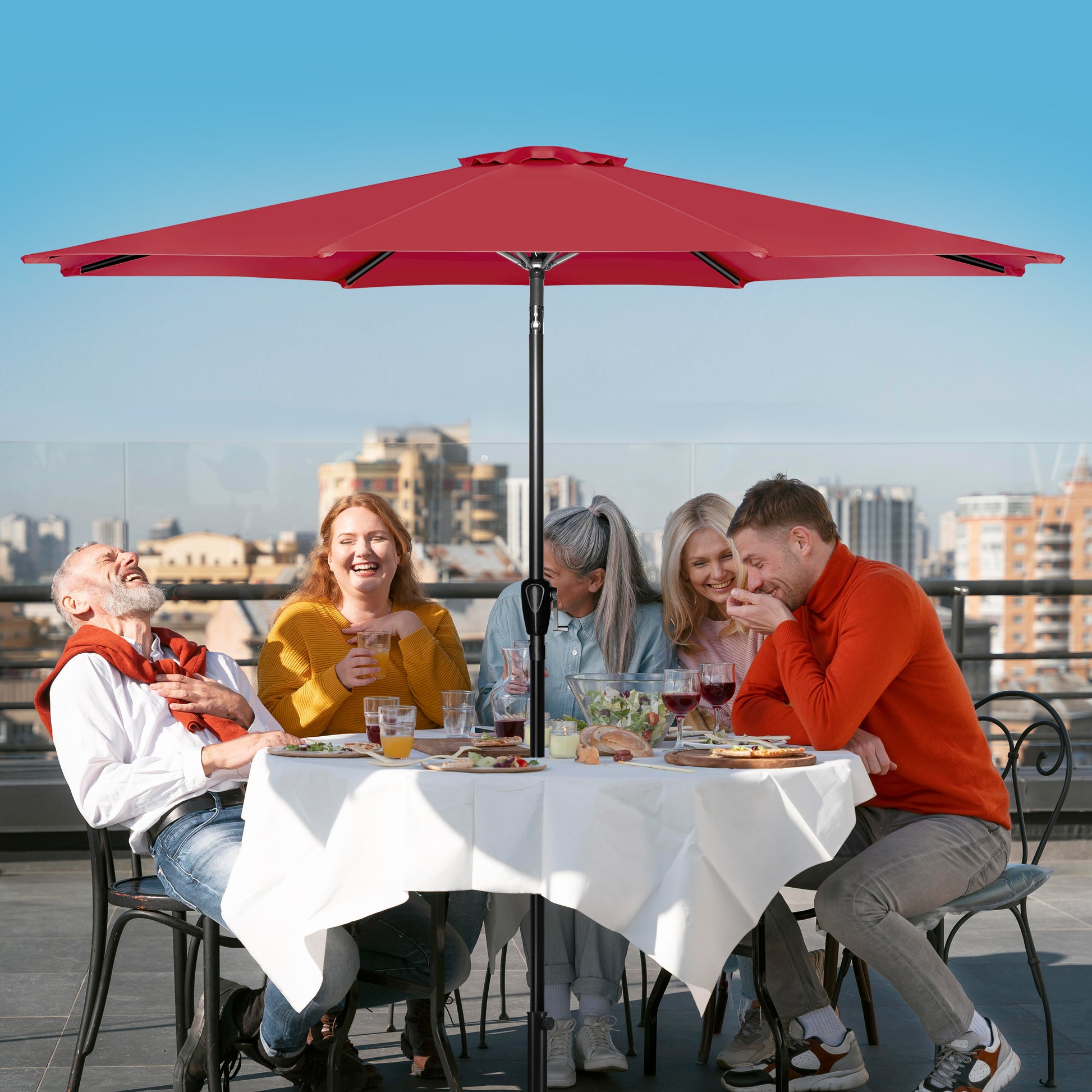 10' Patio Umbrella Outdoor Table Market Yard Umbrella With Push Button Tilt Crank Red Stainless Steel