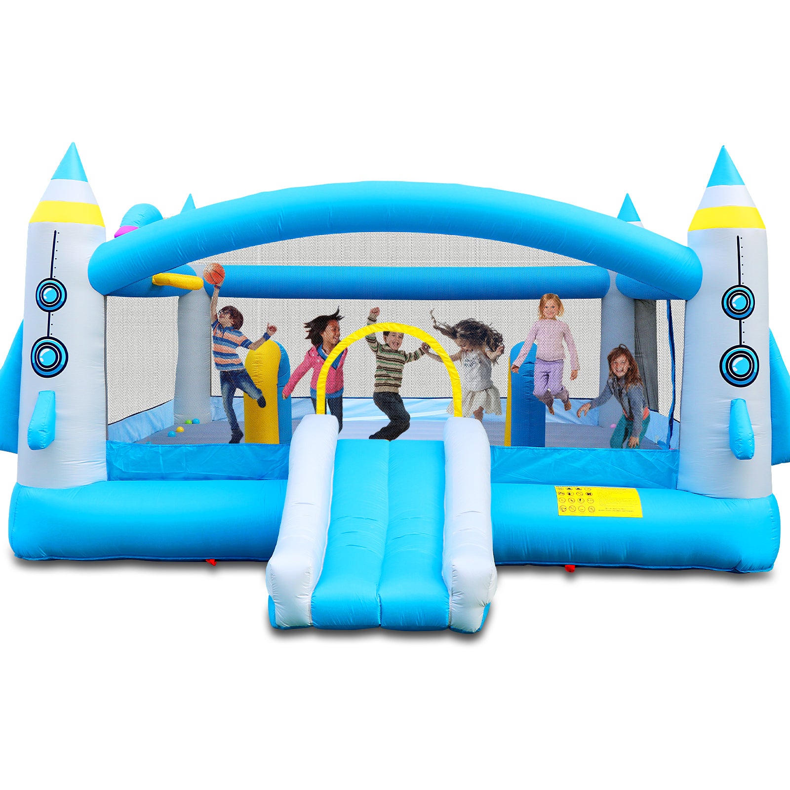 Multifunctional Jump 'N Slide Inflatable Bouncer For Kids Complete Setup With Blower 198" X 180" Play Area 96" Tall Multicolor Oxford Fabric Indoor & Outdoor Use