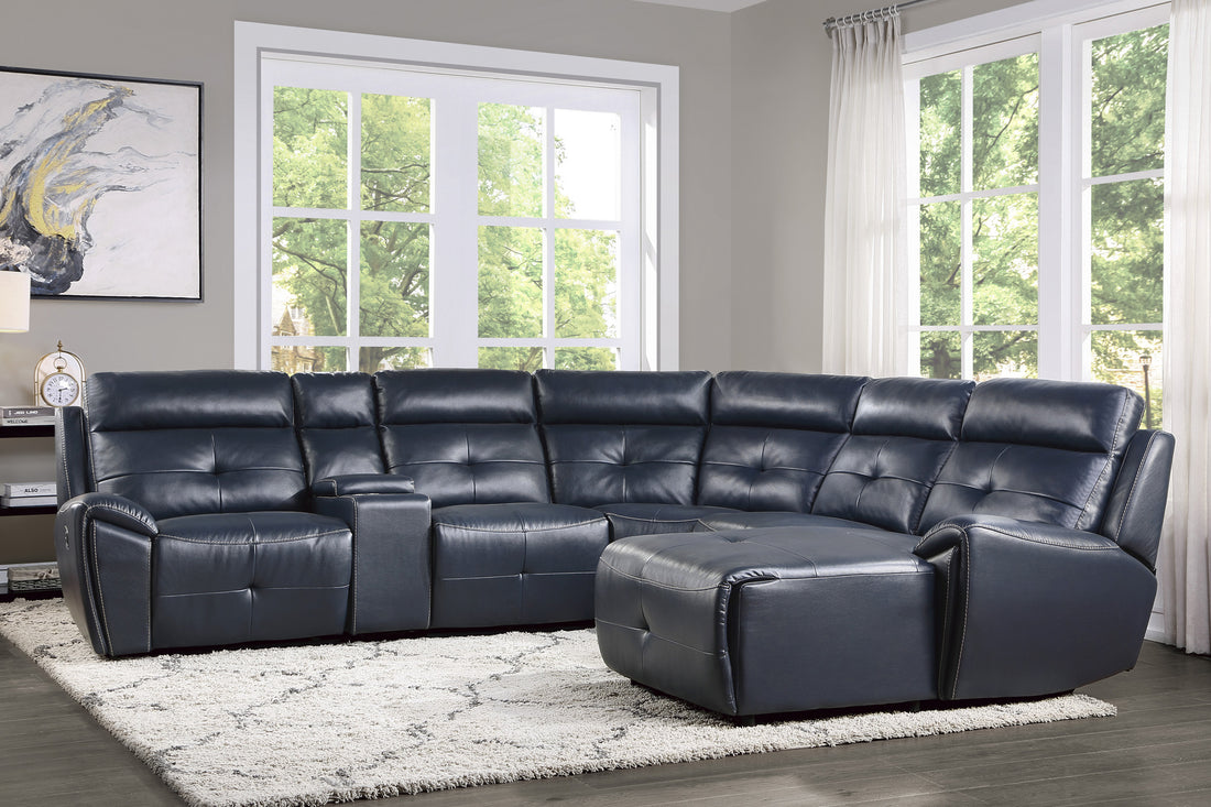 6 Piece Modular Reclining Sectional With Right Chaise Navy Blue Premium Faux Leather Tufted Details Solid Wood Modern Living Room Furniture Plush Pillow Back Seating Navy Faux Leather Wood Primary Living Space Pillow Back Modern Solid Wood 5 Seat