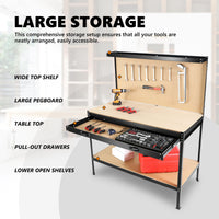 63" Tools Cabinet Working Tables Workbench Tool Storage Workshop Table With Drawers And Pegboard Black Steel
