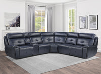 6 Piece Modular Reclining Sectional Navy Blue Premium Faux Leather Tufted Details Solid Wood Modern Living Room Furniture Plush Pillow Back Seating Navy Faux Leather Wood Primary Living Space Pillow Back Modern Solid Wood 5 Seat