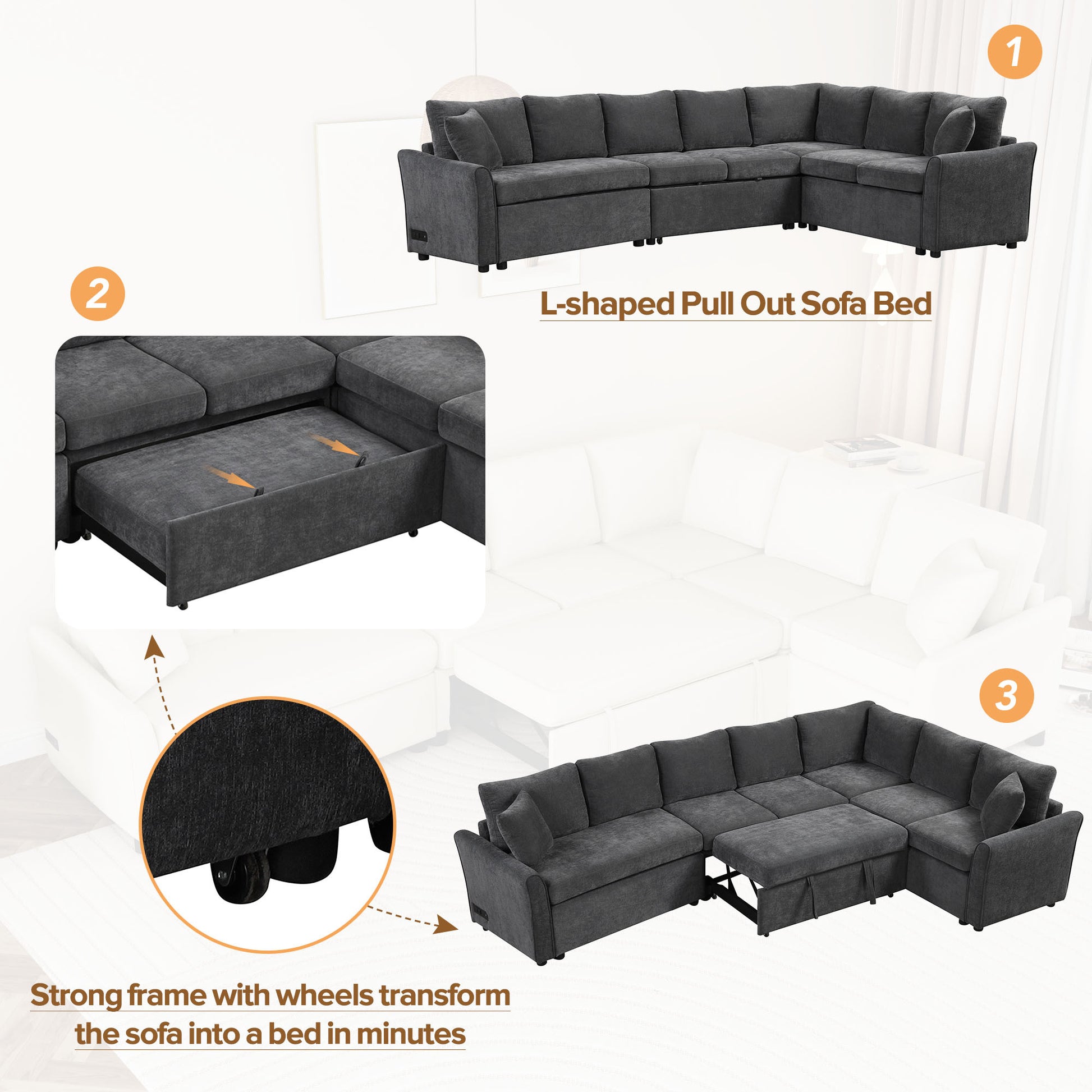 124.8"L Shaped Sofa Convertible Sofa Bed Pull Out Sofa Sleeper With Two Back Pillows, Two Usb Ports And Two Power Sockets For Living Room, Gray Old Sku:Sg000890Aae Gray Foam Chenille 6 Seat