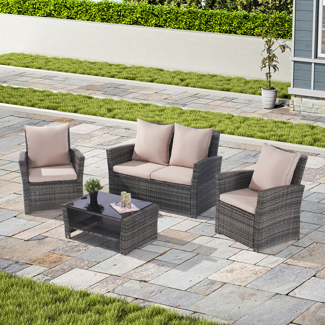 4 Pieces Outdoor Patio Furniture Sets Garden Rattan Chair Wicker Set, Poolside Lawn Chairs With Tempered Glass Coffee Table Porch Furniture, Gray Rattan Sand Color Cushion Yes Complete Patio Set Dark Gray Water Resistant Frame Water Resistant Cushion