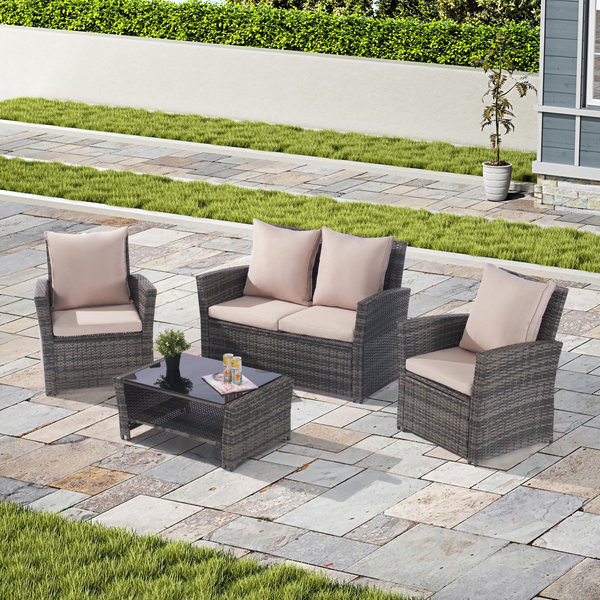 4 Pieces Outdoor Patio Furniture Sets Garden Rattan Chair Wicker Set, Poolside Lawn Chairs With Tempered Glass Coffee Table Porch Furniture, Gray Rattan Sand Color Cushion Yes Complete Patio Set Dark Gray Water Resistant Frame Water Resistant Cushion
