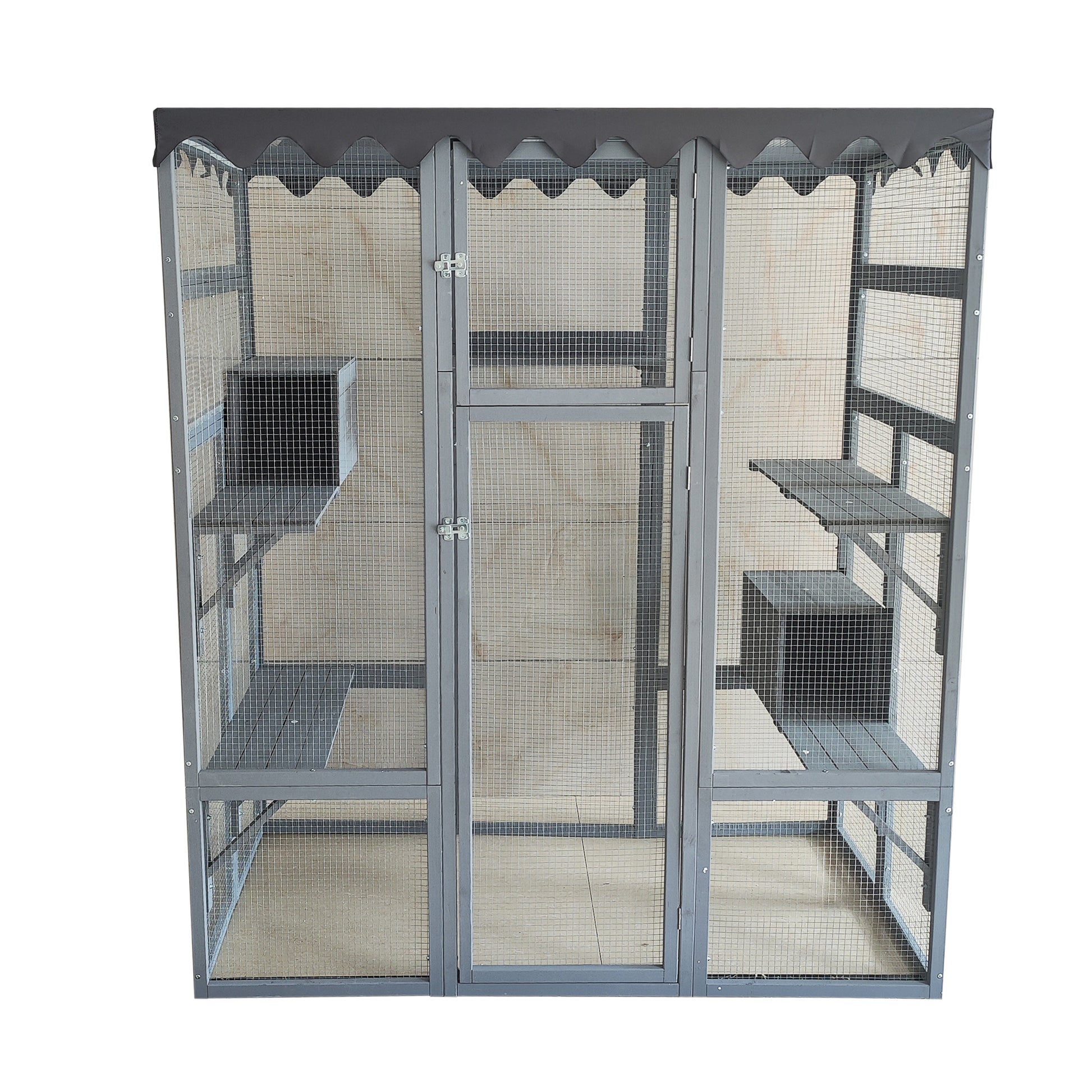 Outdoor Cat House Big Catio Wooden Feral Cat Shelter Enclosure With Large Spacious Interior, 6 High Ledges, Weather Protection Asphalt Roof Grey Wood