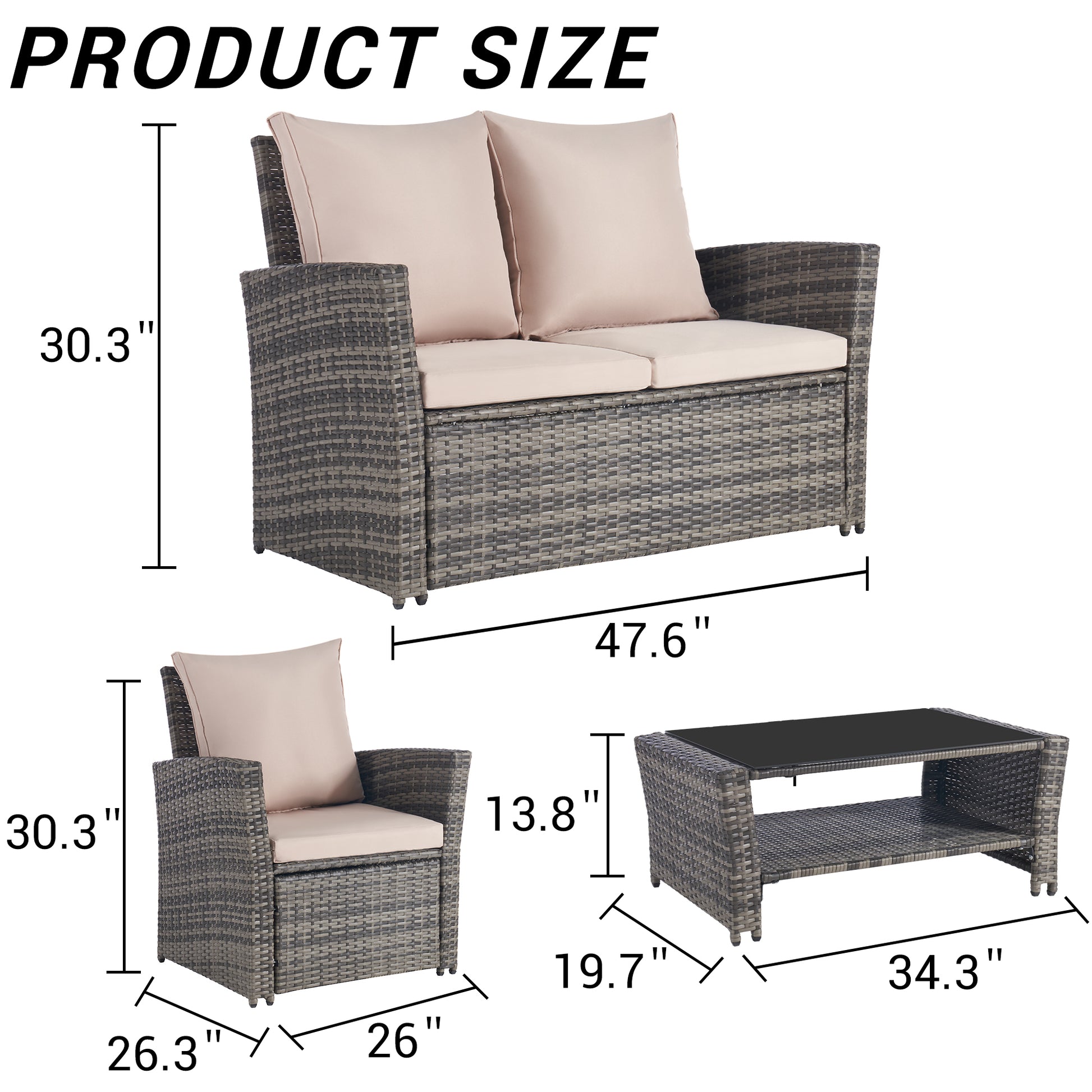 4 Pieces Outdoor Patio Furniture Sets Garden Rattan Chair Wicker Set, Poolside Lawn Chairs With Tempered Glass Coffee Table Porch Furniture, Gray Rattan Sand Color Cushion Yes Complete Patio Set Dark Gray Water Resistant Frame Water Resistant Cushion