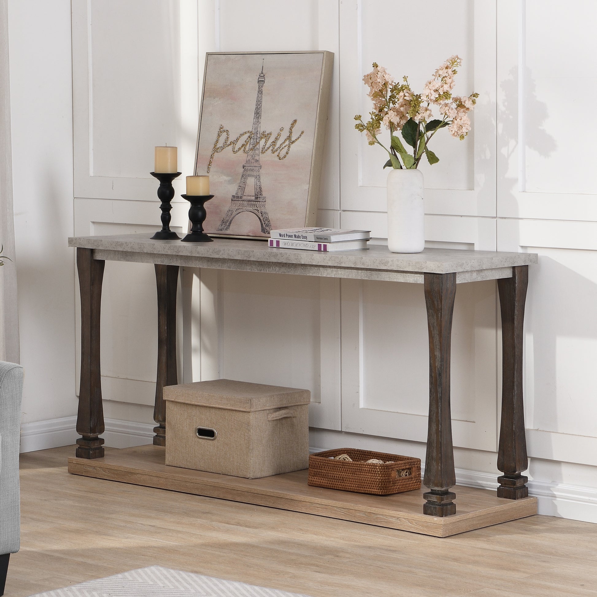 60 Inch Long Rectangle Mid Century Console Table For Entryway, Wood Sofa Table With 2 Tier Storage Shelf, Grey Tabletop Light Grey Natural Espresso Primary Living Space American Traditional,Antique