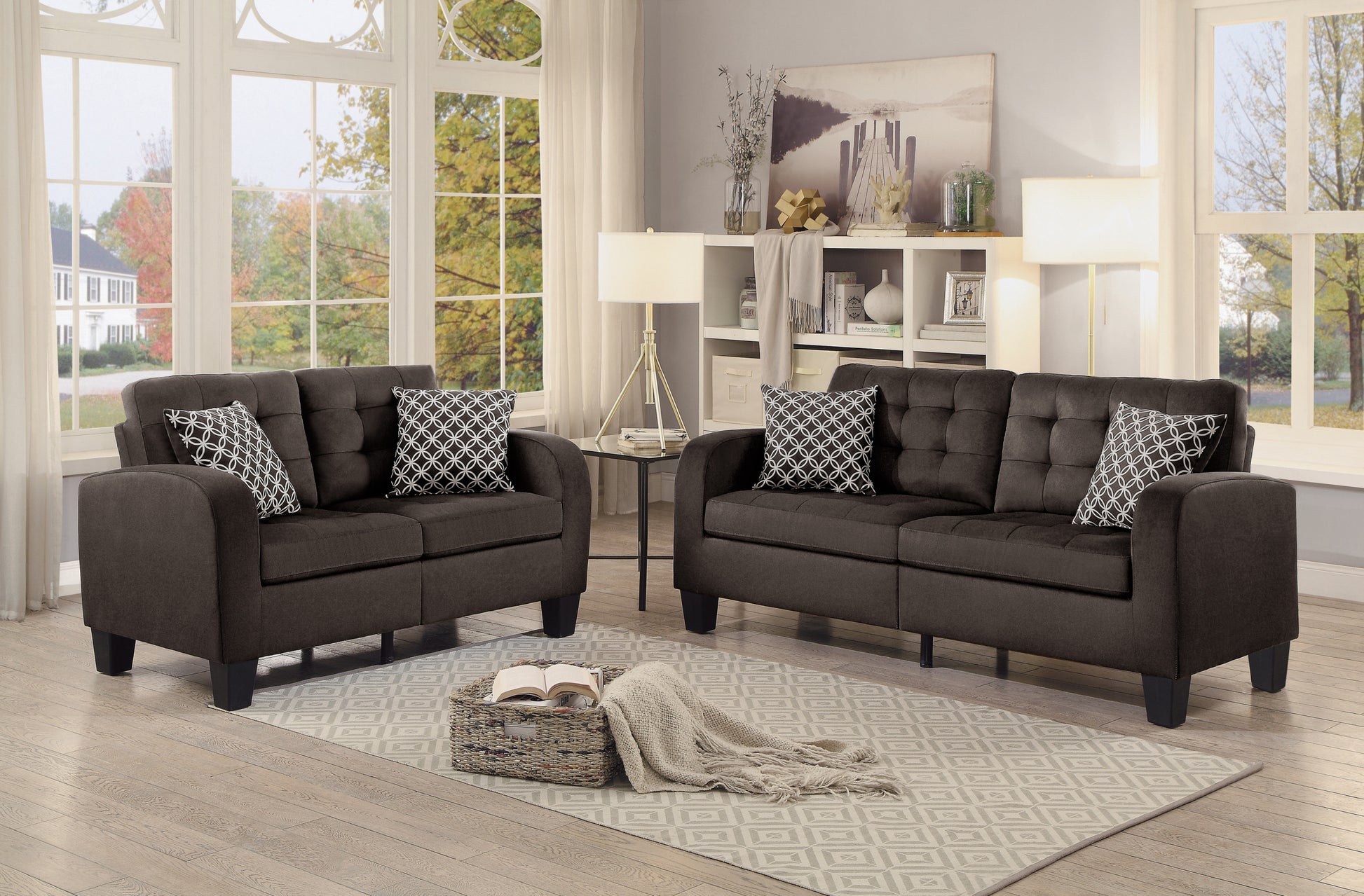 Chocolate Brown Contemporary Sofa 1Pc Tufted Detail Textured Fabric Upholstered 2 Pillows Solid Wood Living Room Furniture Chocolate Wood Primary Living Space Contemporary Solid Wood