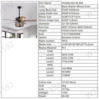 52 Inch Farmhouse Ceiling Fan With Remote,3 Lights Ceiling Fan With Light Fixture No Include Bulbs , Ceiling Fan For Patio,Living Room,Bedroom Black Matte Wood Grain Matt Black American Design,American Traditional,Traditional Plywood Iron