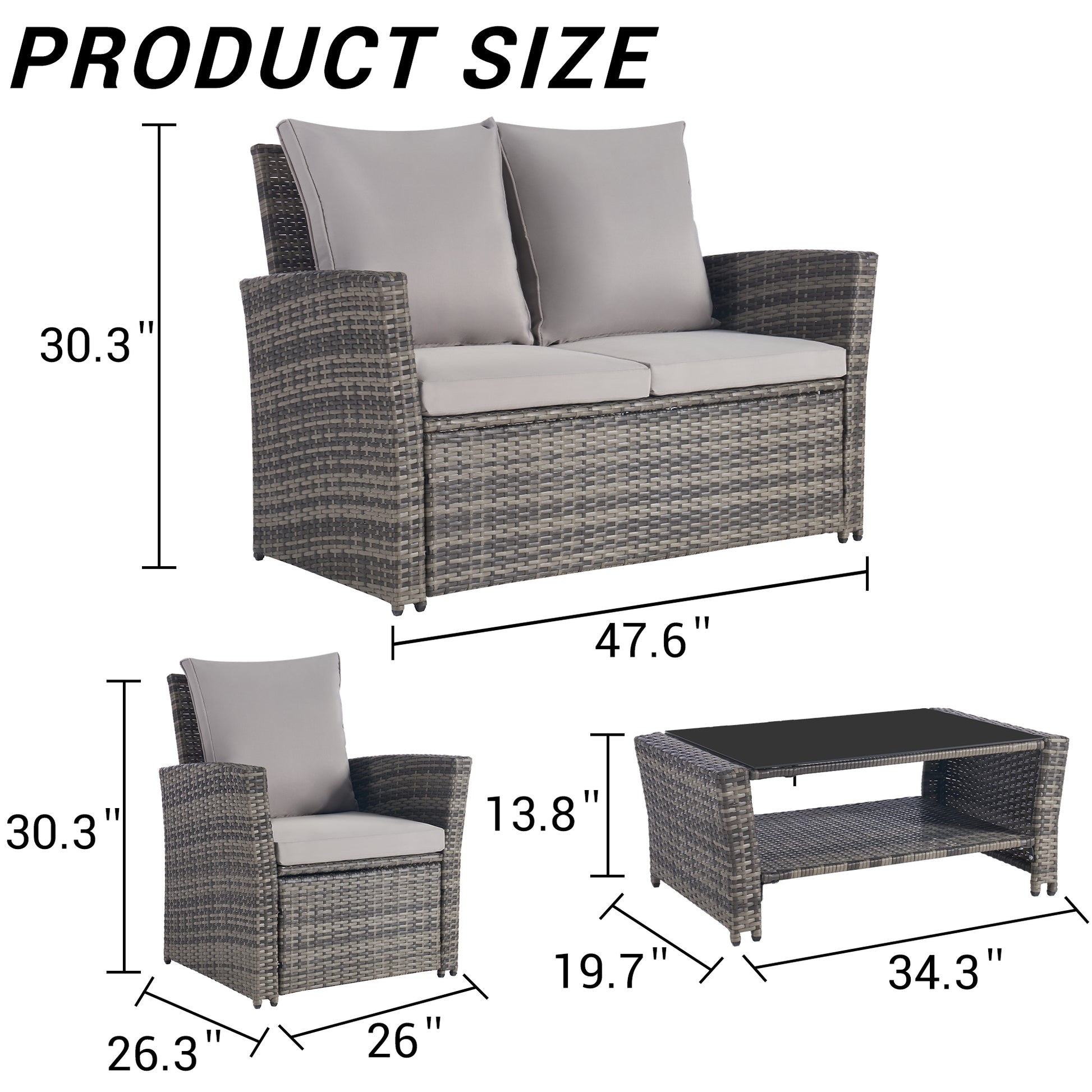 4 Pieces Outdoor Patio Furniture Sets Garden Rattan Chair Wicker Set, Poolside Lawn Chairs With Tempered Glass Coffee Table Porch Furniture Yes Complete Patio Set Dark Gray Seats 4 Water Resistant Frame Water Resistant Cushion Garden & Outdoor American