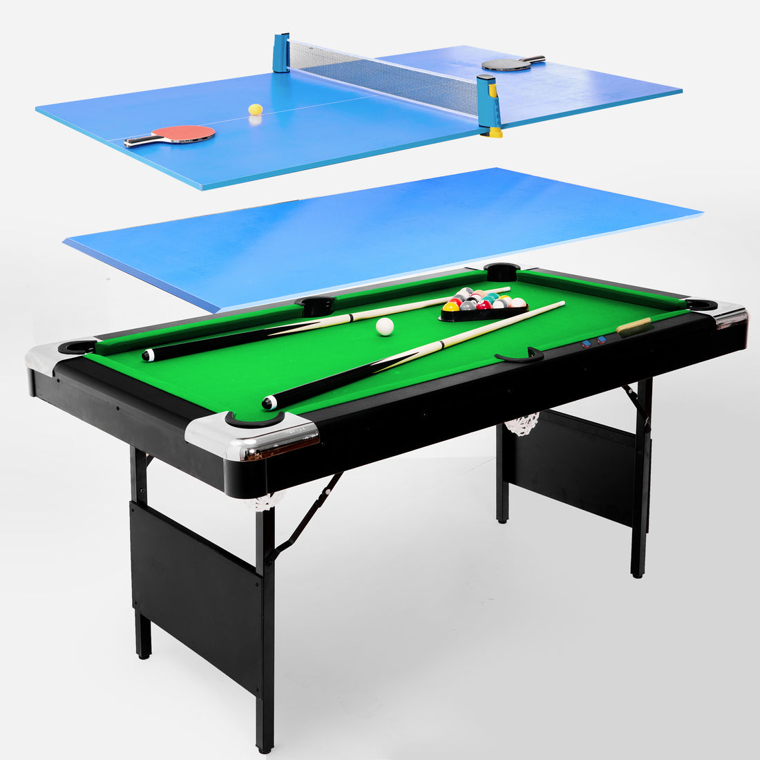 5.5Ft 3 In 1 Billiard Table, 3 In 1 Pool Table, 5.5Ft Game Table, 3 In 1 Table Tennis Table, Billiards, Pool Table, Multifunctional Billiard Table, Multifunctional Table Tennis Table Black Blue Without Foldable American Design,European Multifunctional