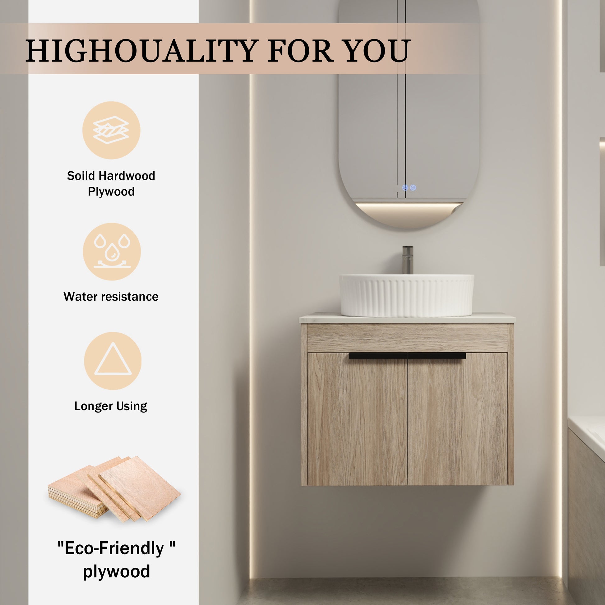 24 " Modern Design Float Bathroom Vanity With Ceramic Basin Set, Wall Mounted White Oak Vanity With Soft Close Door,Kd Packing,Kd Packing,2 Pieces Parcel Top Baa0014012Oo White Oak 2 Bathroom Wall Mounted Modern Plywood