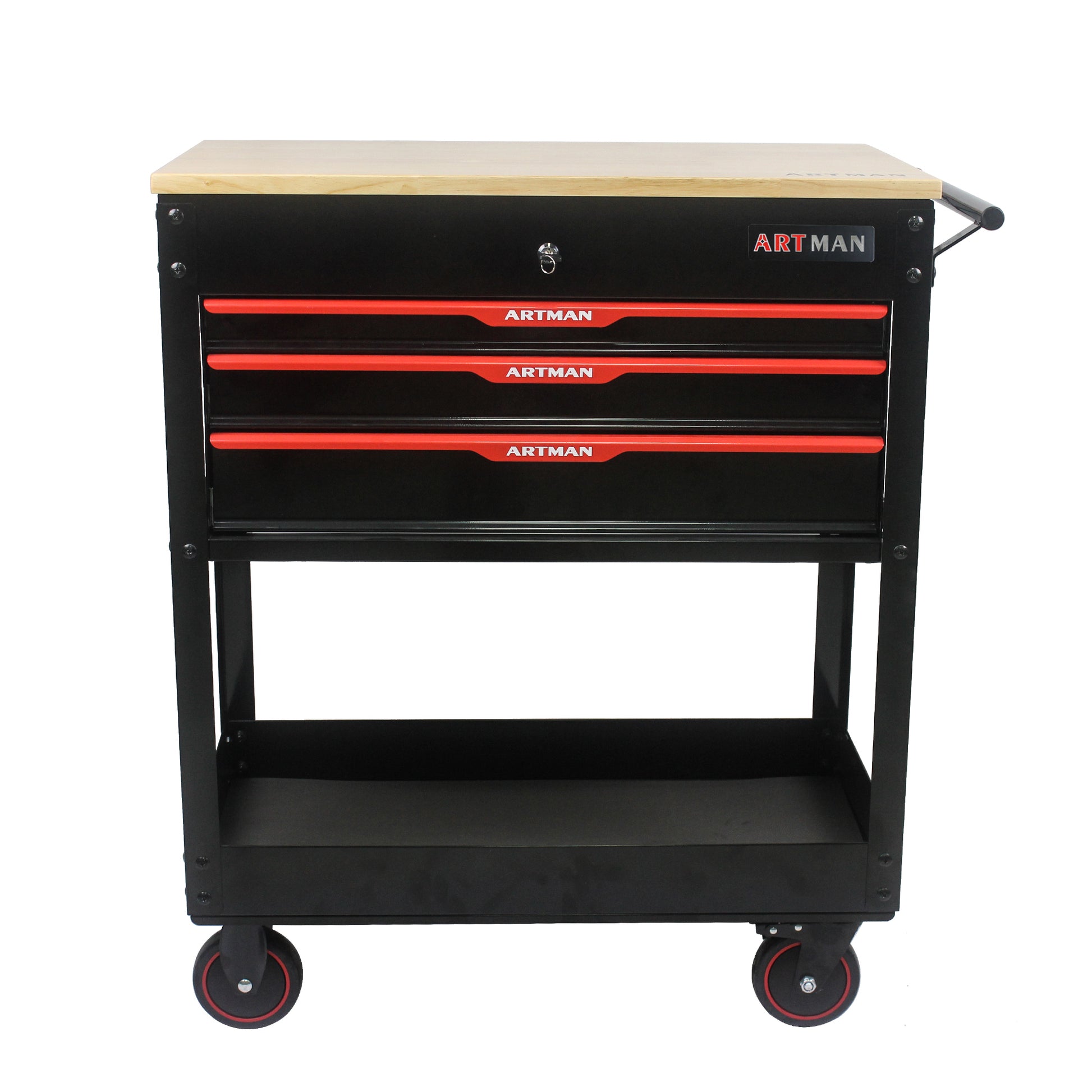 3 Drawers Multifunctional Tool Cart With Wheels And Wooden Top Black Red Metal