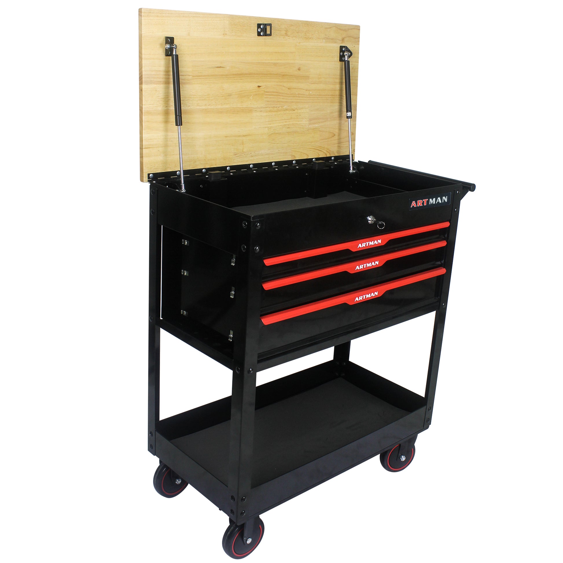 3 Drawers Multifunctional Tool Cart With Wheels And Wooden Top Black Red Metal