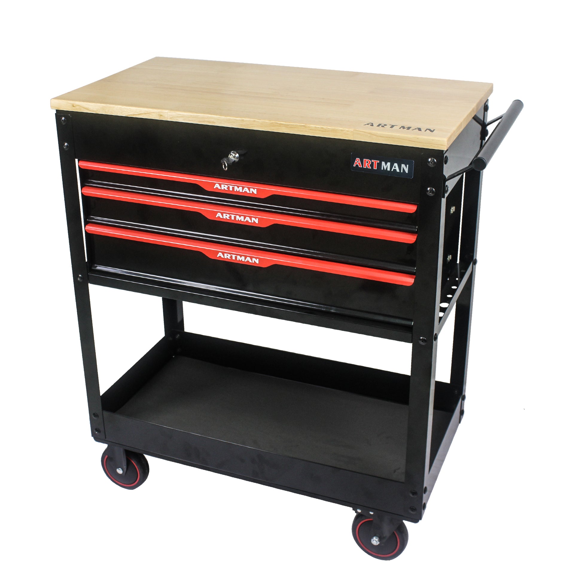 3 Drawers Multifunctional Tool Cart With Wheels And Wooden Top Black Red Metal