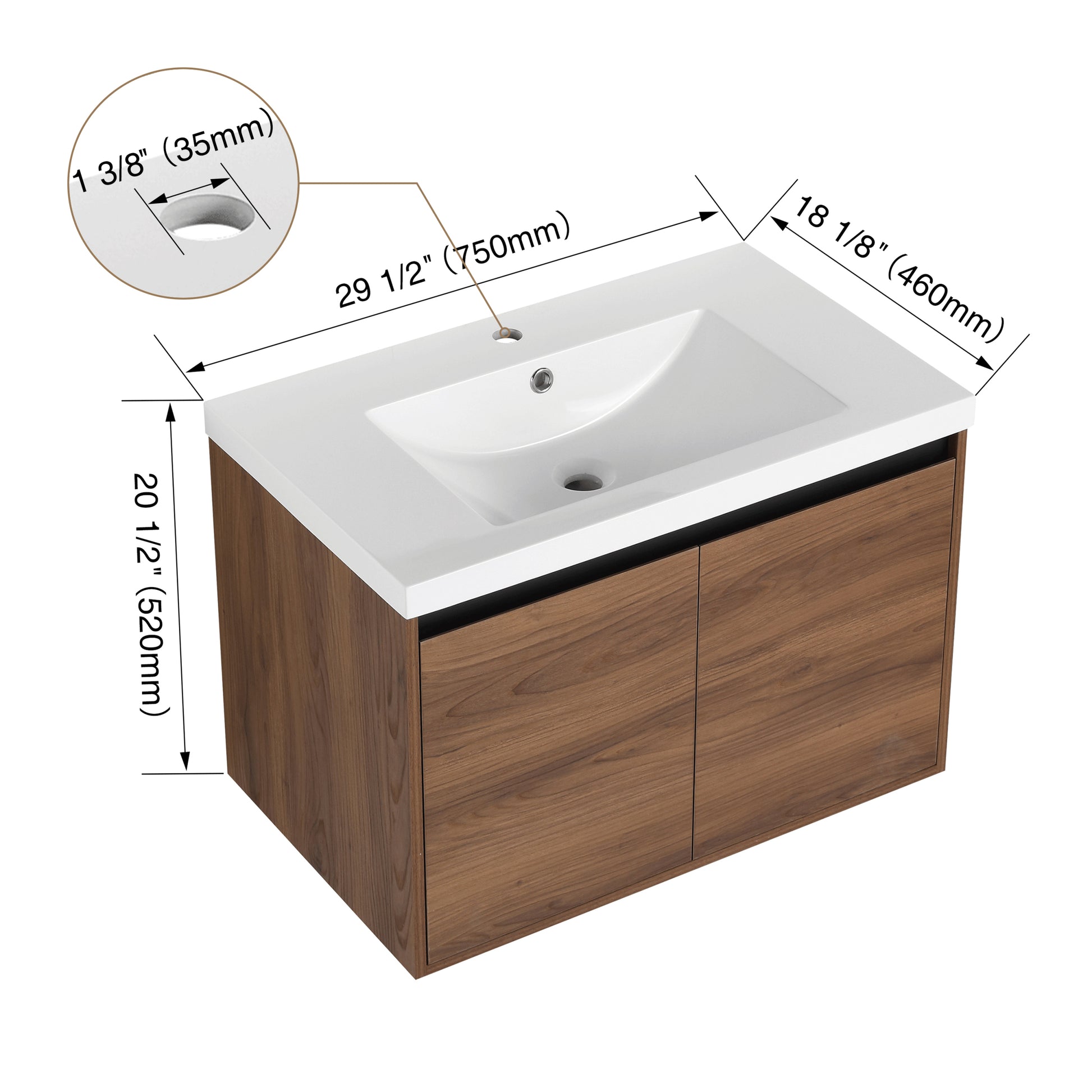 Brown 30 Inch Bathroom Vanity With Resin Countertop Sink, 2 Doors Bathroom Cabinet Set Brown Bathroom American Design Engineered Wood