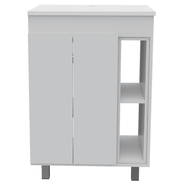 24" Meka Vanity, Two External Shelves, Double Door Cabinet White White Modern Particle Board Particle Board