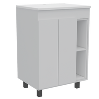 24" Meka Vanity, Two External Shelves, Double Door Cabinet White White Modern Particle Board Particle Board