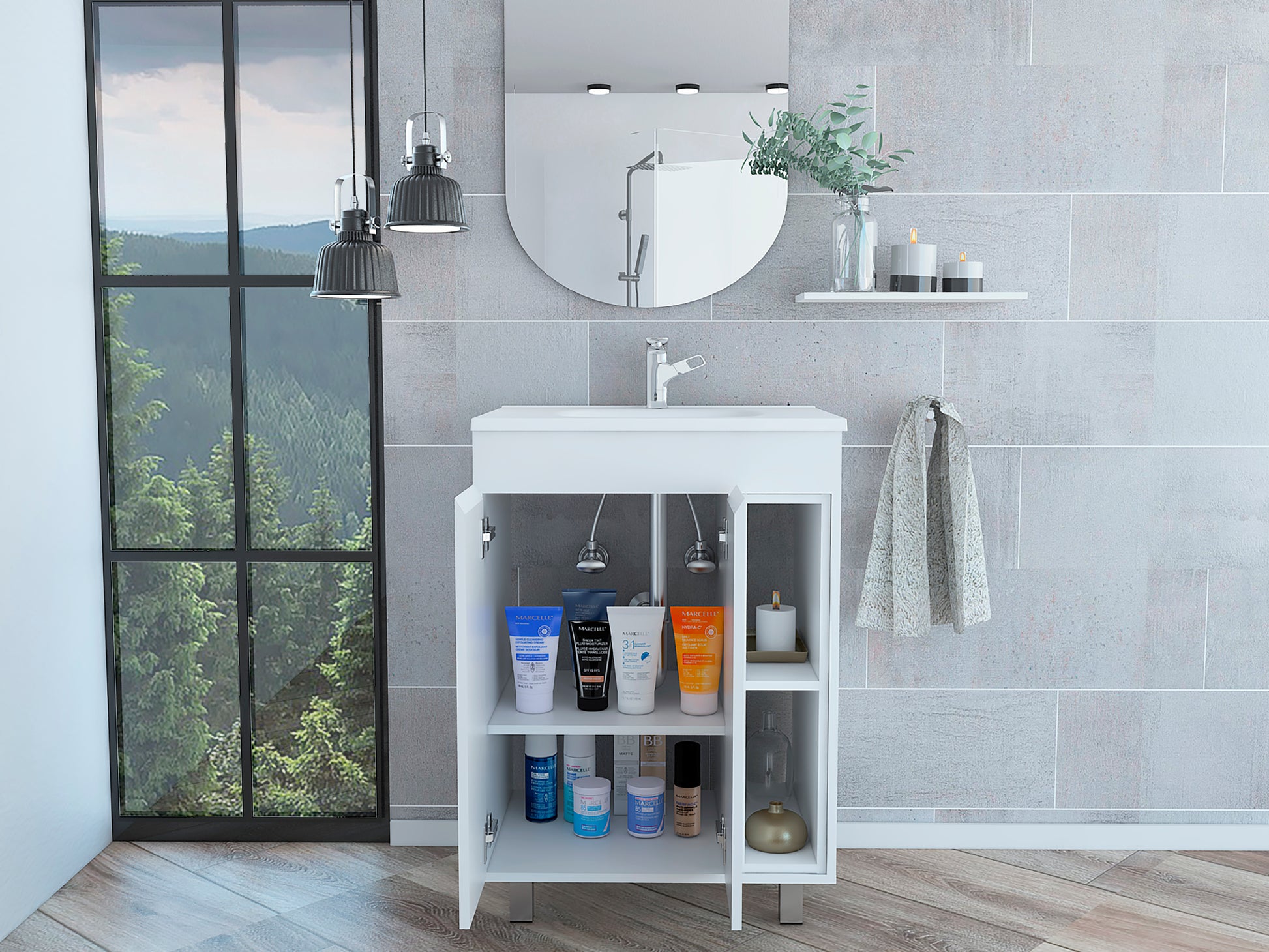 24" Meka Vanity, Two External Shelves, Double Door Cabinet White Hinged White Shelf White Bathroom Modern 2 Or Less Particle Board Particle Board