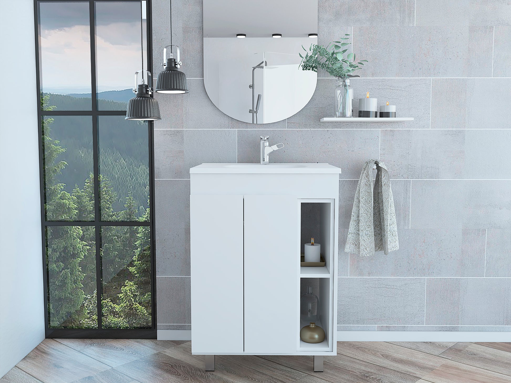 24" Meka Vanity, Two External Shelves, Double Door Cabinet White Hinged White Shelf White Bathroom Modern 2 Or Less Particle Board Particle Board