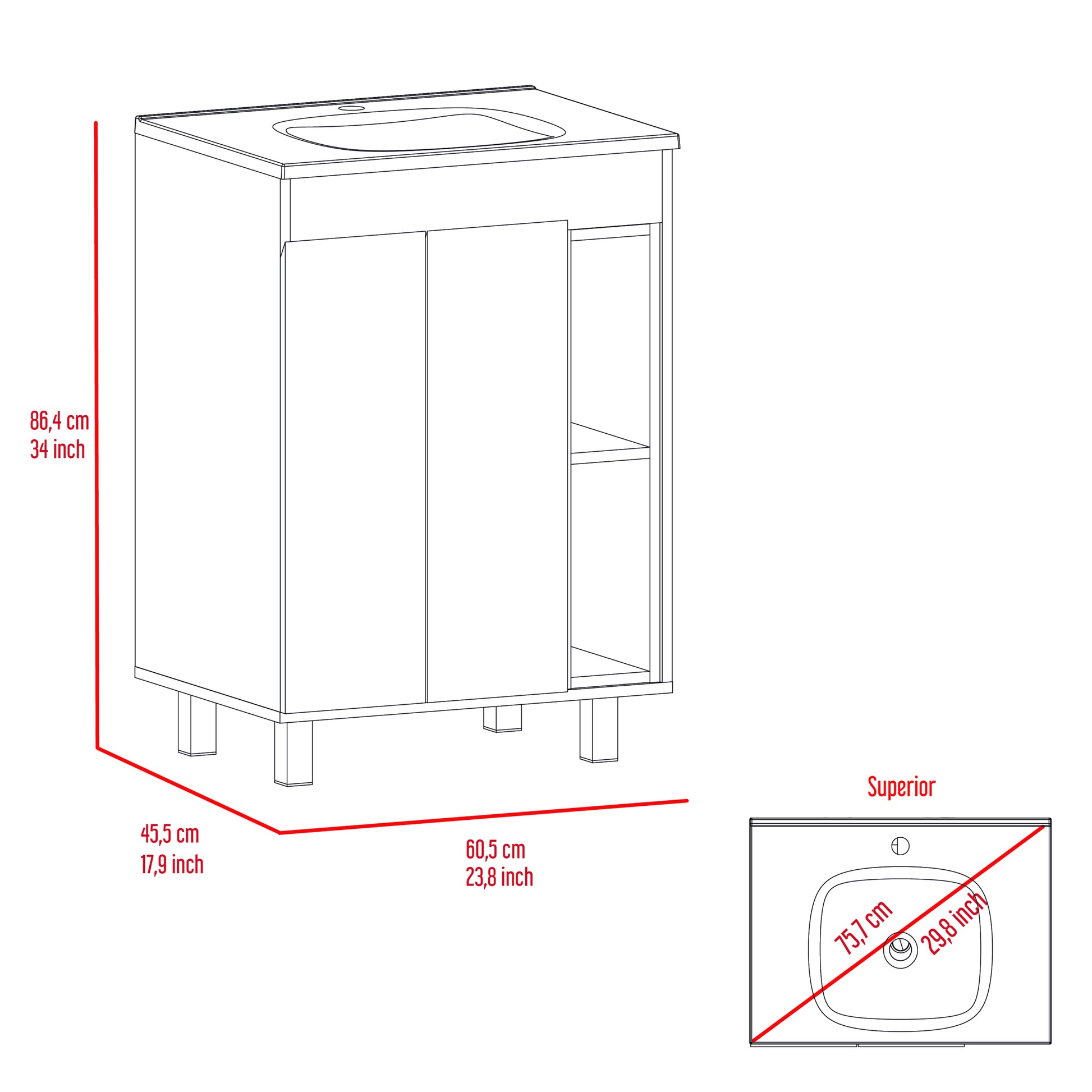 24" Meka Vanity, Two External Shelves, Double Door Cabinet White Hinged White Shelf White Bathroom Modern 2 Or Less Particle Board Particle Board