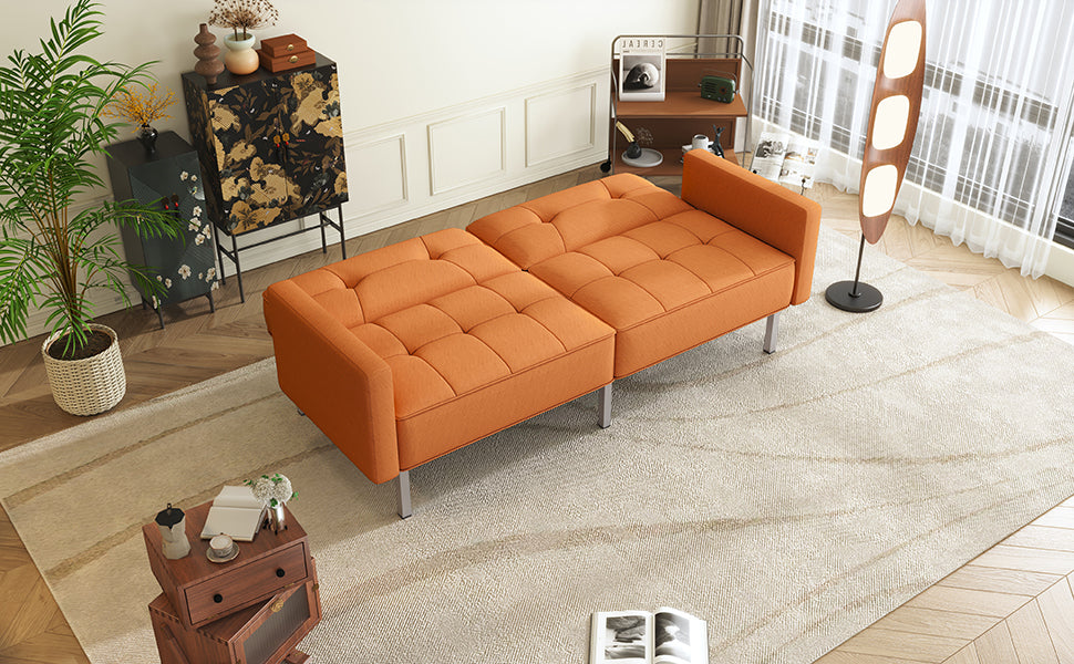 Orisfur. Linen Upholstered Modern Convertible Folding Futon Sofa Bed For Compact Living Space, Apartment, Dorm Orange Foam Linen