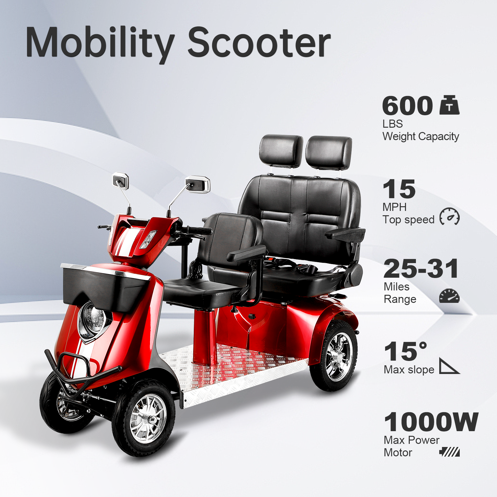 Electric Mobility Recreational Travel Scooter For Adults,Mobility Scooters For Seniors, 4 Wheel Powered Mobility Scooters Red Abs Pc