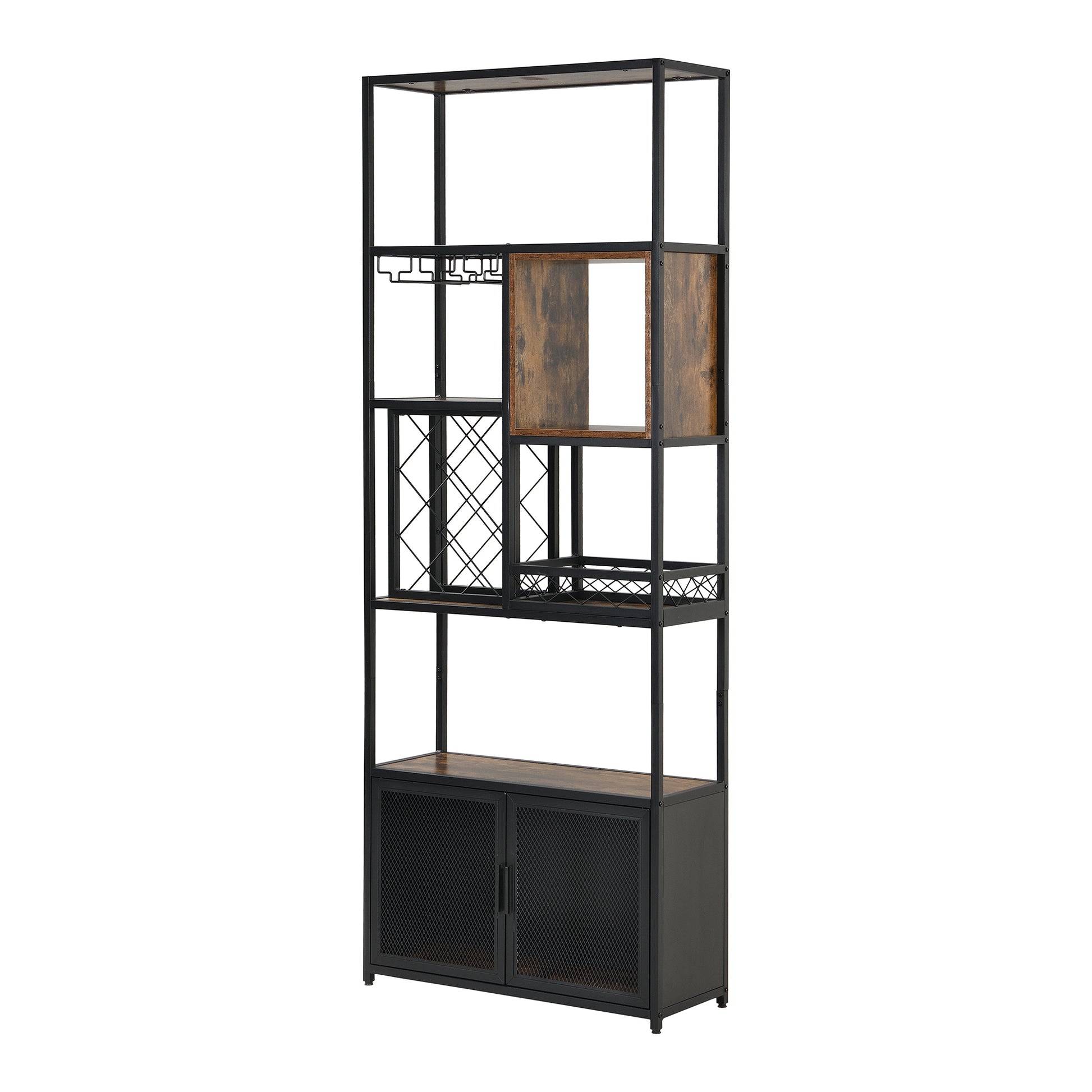 82.7" Industrial Tall Black Bar Wine Rack Cabinet With Glass Holder Wood Home Bar Cabinet Walnut Black Dining Room Industrial Mdf Metal