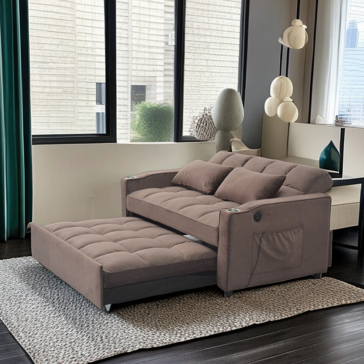 Lazy Sofa Bed, Luxury Three In One Sofa Bed, Modern Seating Foldable Sofa Bed, Sofa Velvet Pull Out Bed, Adjustable Back With Three Usb Ports, Two Side Pockets, Two Cup Holders For Living Room