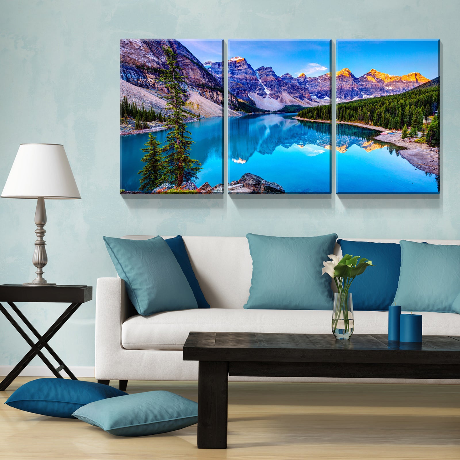 3 Panels Framed Nature Landscape Mountain & Lake Canvas Wall Art Decor,3 Pieces Mordern Canvas Decoration Painting For Office,Dining Room,Living Room, Bedroom Decor Ready To Hang Rectangle Framed Multicolor Oversized 41In Canvas Nature Scenes