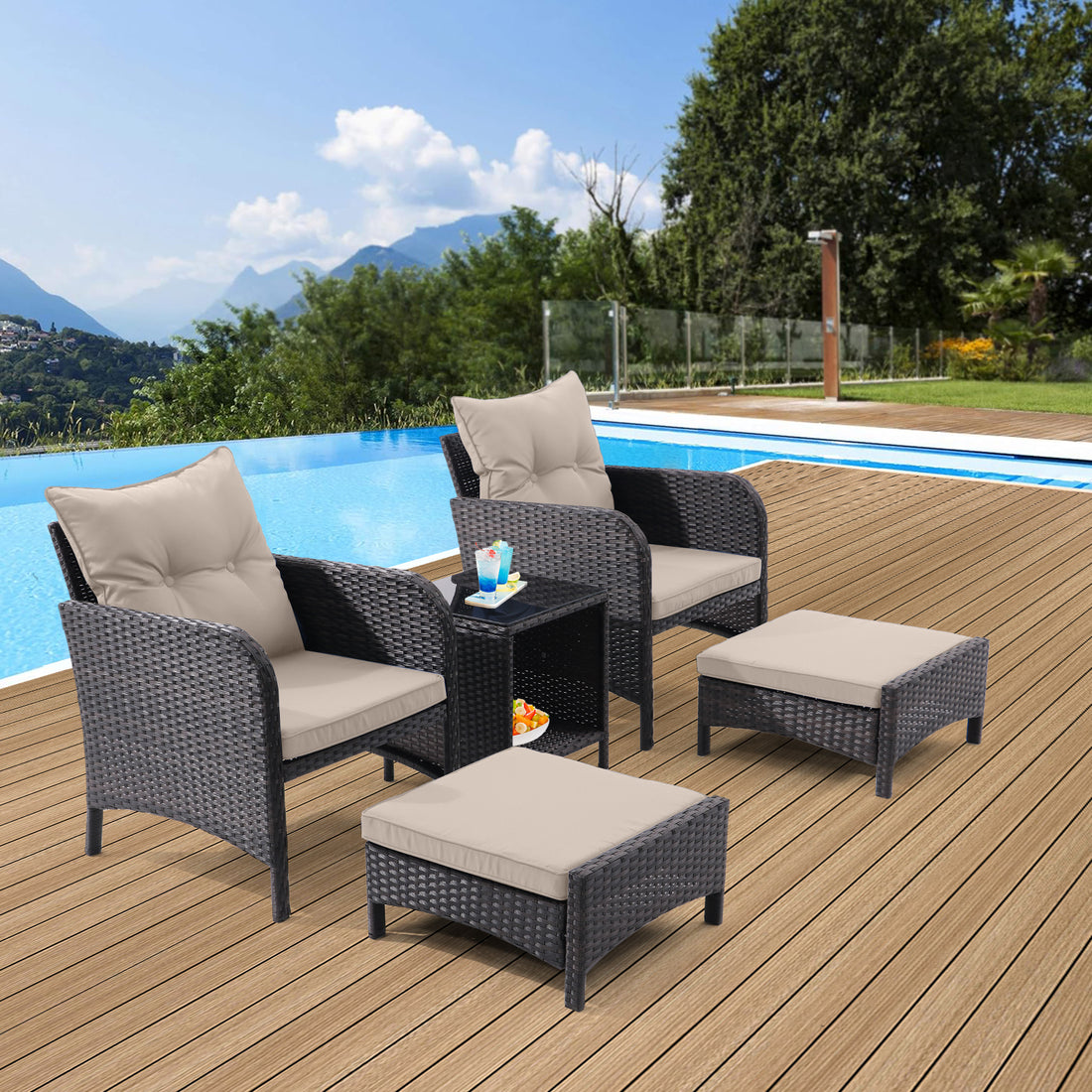 5 Piece Outdoor Patio Furniture Set,All Weather Pe Rattan Conversation Chairs With Armrest And Removable Cushions,Ottomans And Storage Coffee Table For Poolside Garden Balcony Deck Dust Grey Yes Grey Pe Rattan Iron Waterproof Fabric