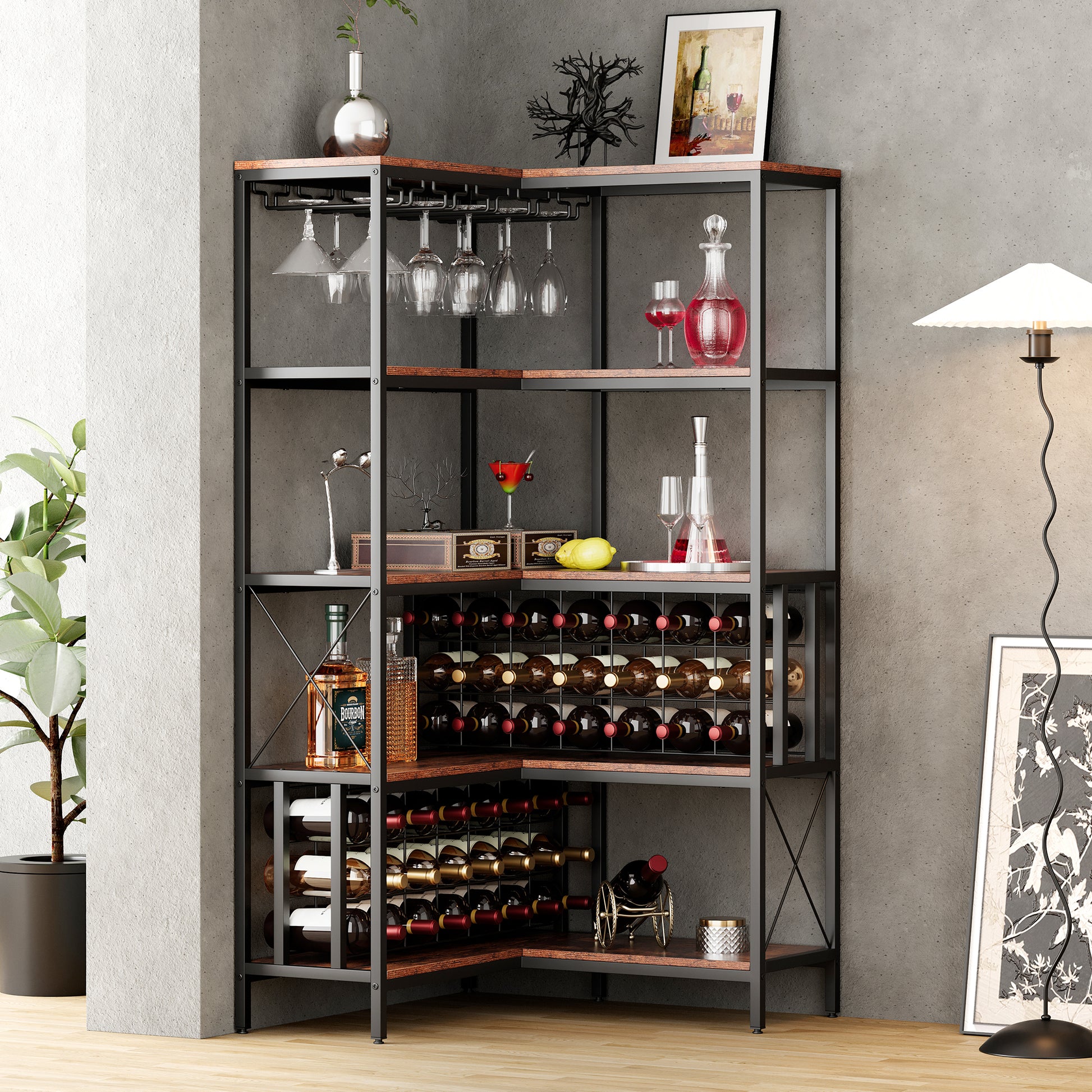 Corner Wine Rack Bar Cabinet Industrial Freestanding Floor Bar Cabinets For Liquor And Glasses Storage For Home Kitchen Walnut Black Dining Room Industrial Mdf Metal